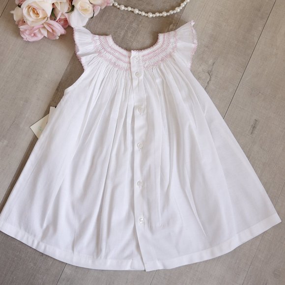 White Smocked Dress and Diaper Cover 100% Cotton Pink Embroidery Boutique NWT - Picture 3 of 5